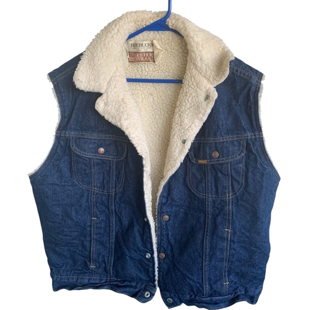 Sears Roebucks Western Wear Vest Men 46 Denim Jean Sherpa Lined Trucker Cowboy